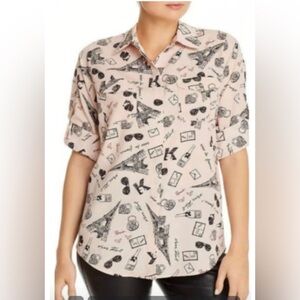 Karl LAGERFELD Blush Pink Paris ICONS Cat Blouse Button Down Roll Tab Sleeve XL